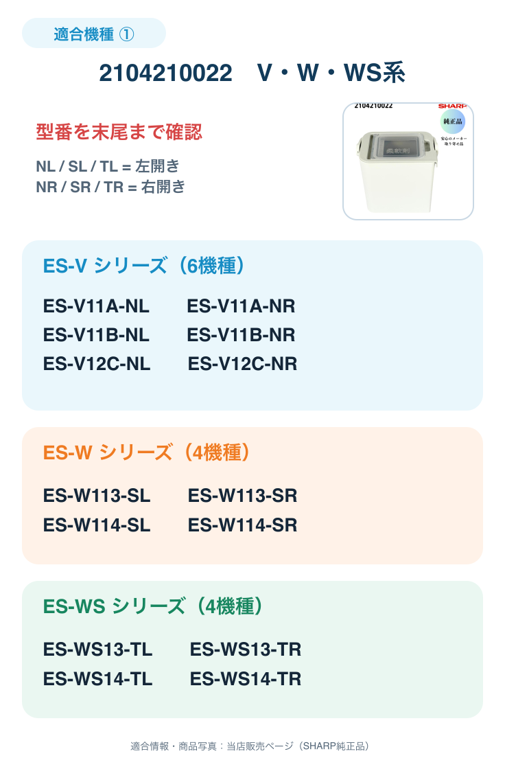 純正柔軟剤タンク2104210022のES-V・ES-W・ES-WS系適合機種