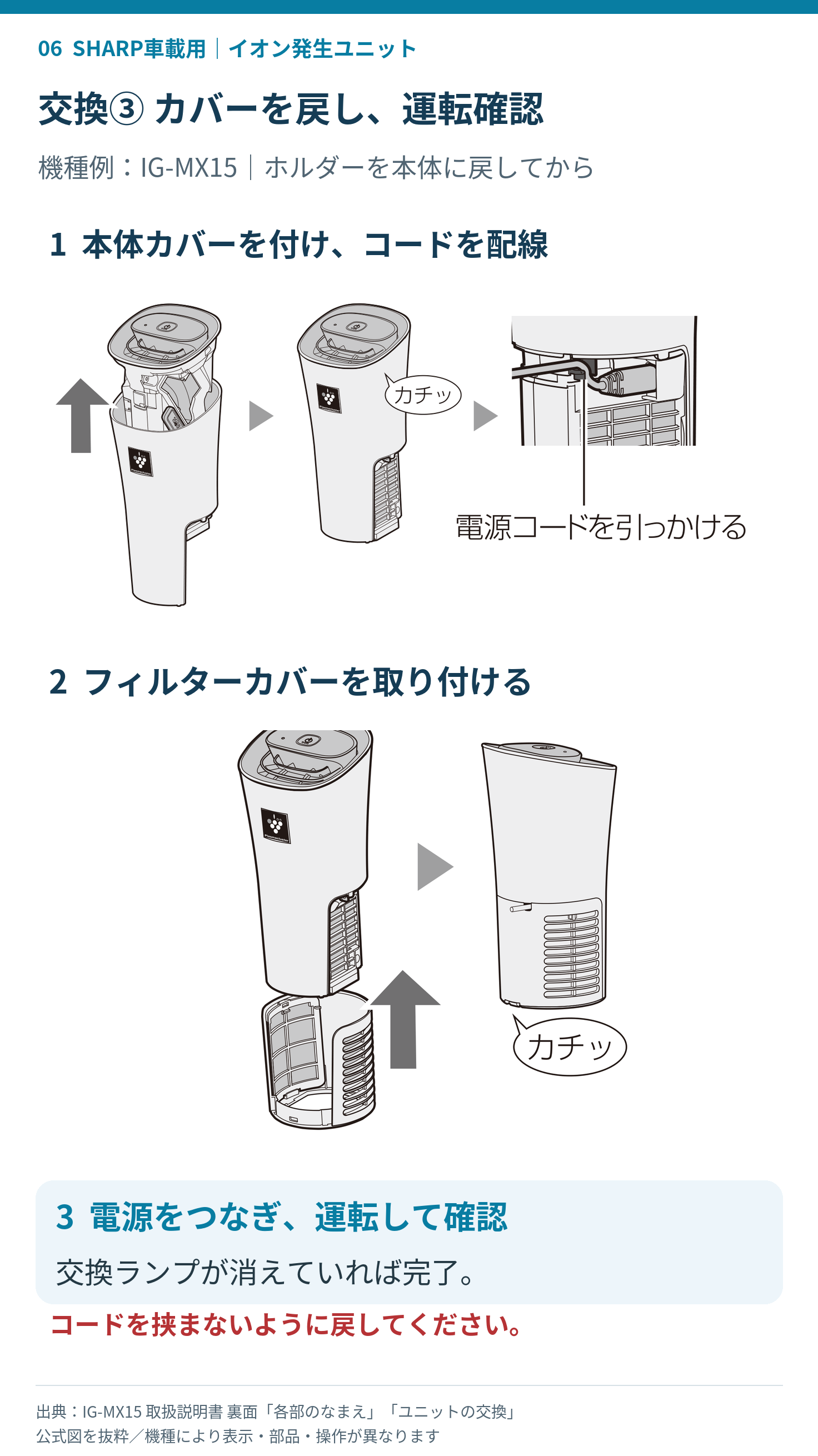 IG-MX15のホルダーとカバーを戻し交換ランプの消灯を確認する手順