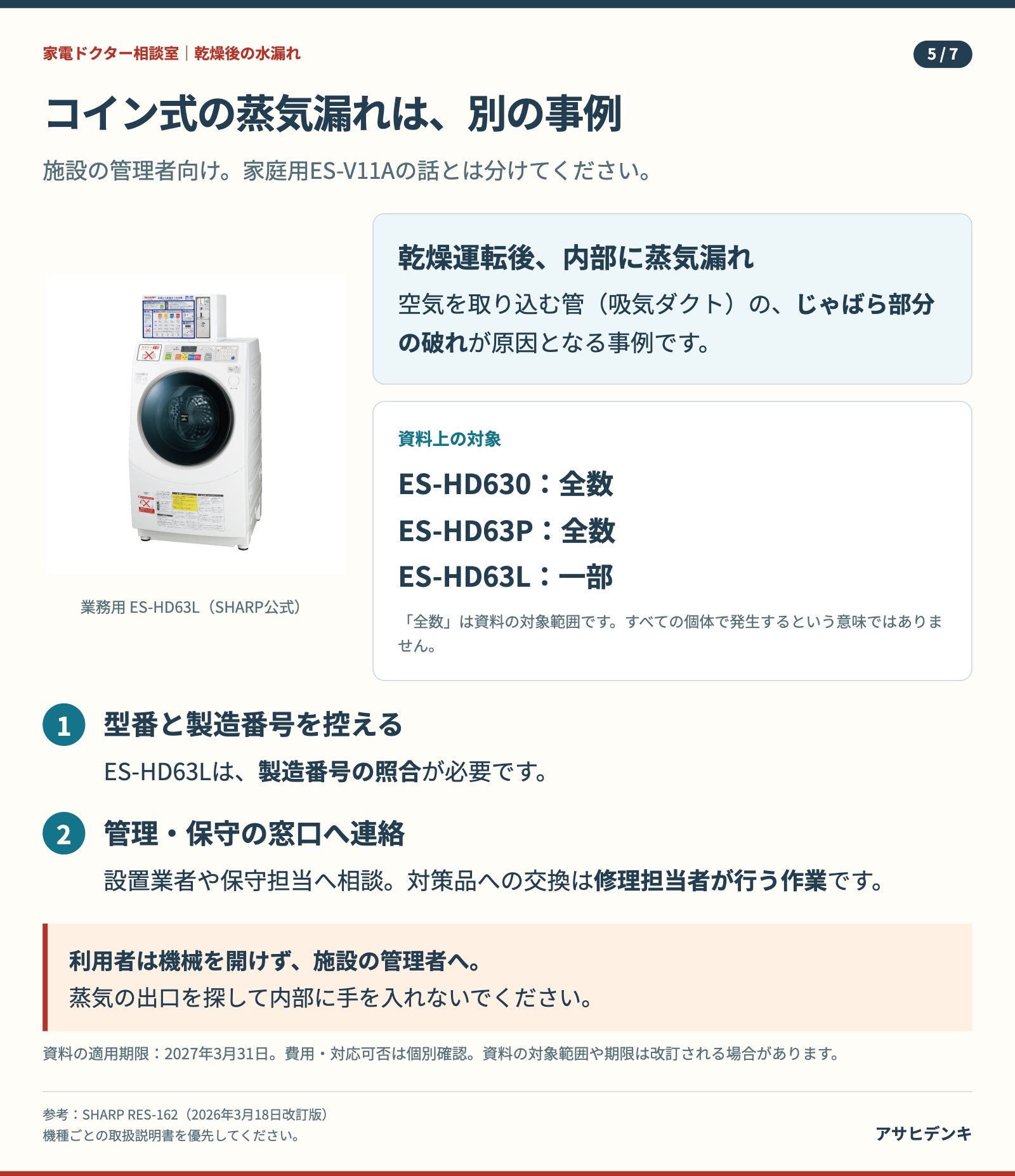 業務用ES-HD630・HD63P・HD63Lの蒸気漏れの既知事例。HD63Lは製造番号の照合が必要。利用者は管理者へ。