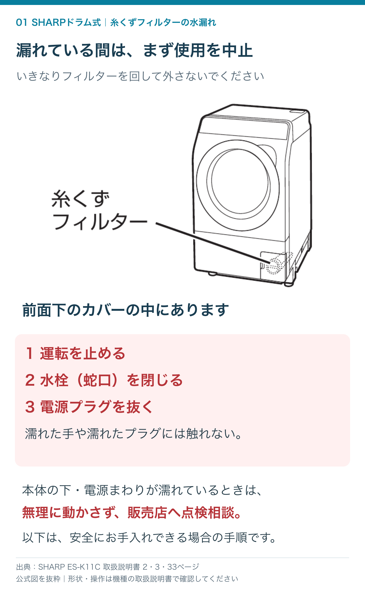シャープのドラム式洗濯機の糸くずフィルターの位置と、水漏れ時に使用を中止して水栓を閉じる安全確認