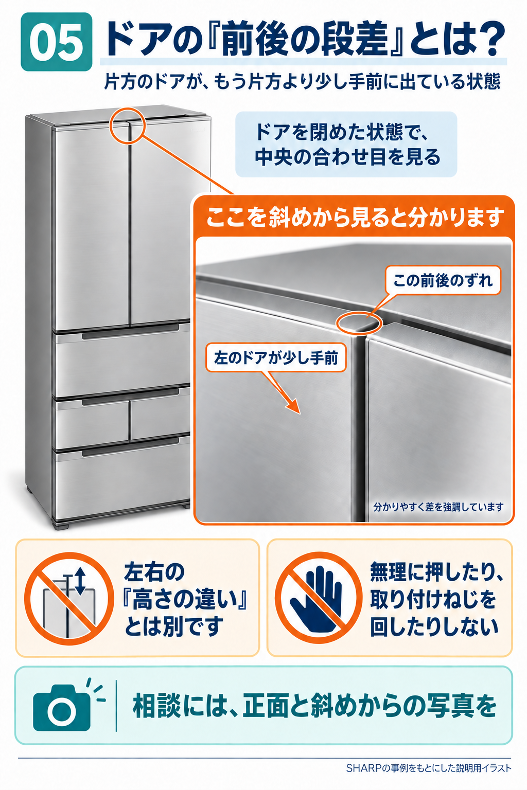 閉じた観音開き冷蔵庫を斜めから見て、中央の合わせ目で左ドアが右ドアより少し手前に出ている前後の段差を示す図