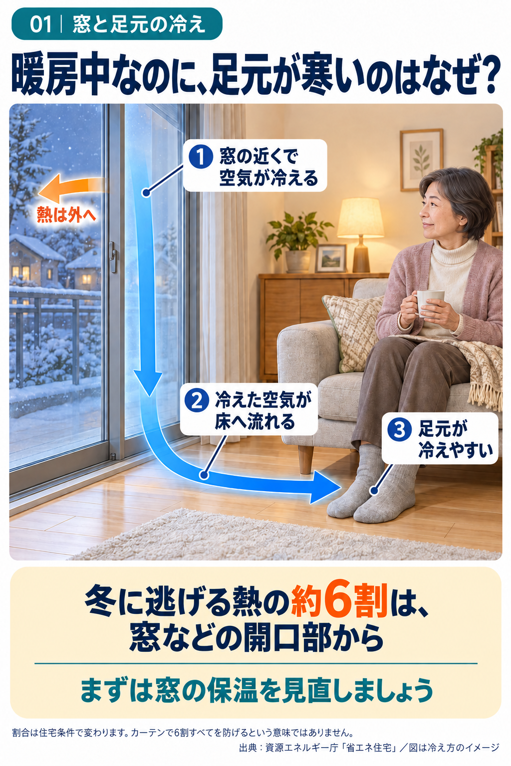 閉めた窓の近くで室内の空気が冷え、床へ流れて足元が寒くなる様子。約6割は窓などの開口部から逃げる熱の割合の例です。