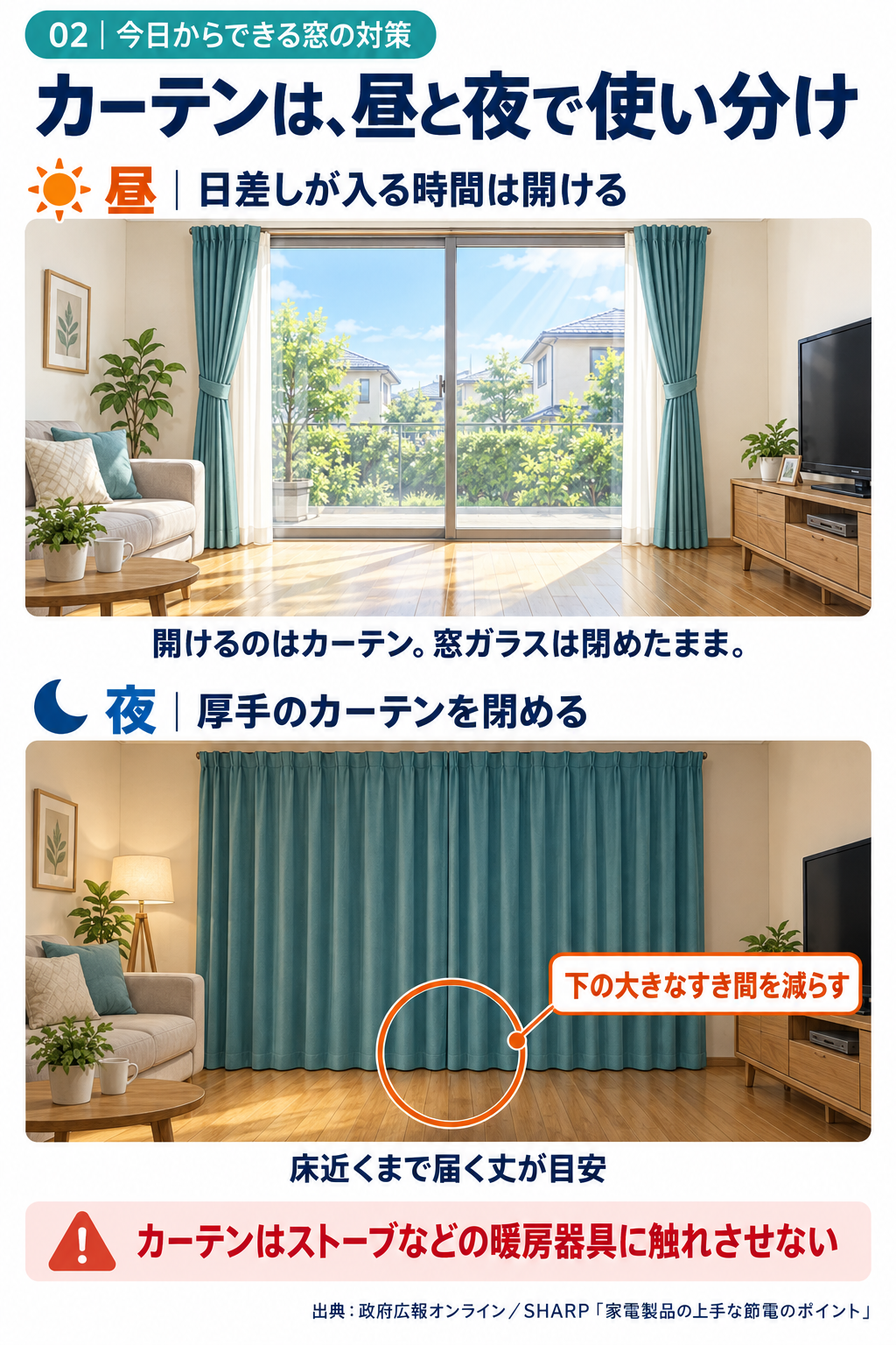 日差しが入る昼は窓ガラスを閉めたままカーテンを開け、夜は厚手のカーテンを閉めて裾の大きなすき間を減らします。