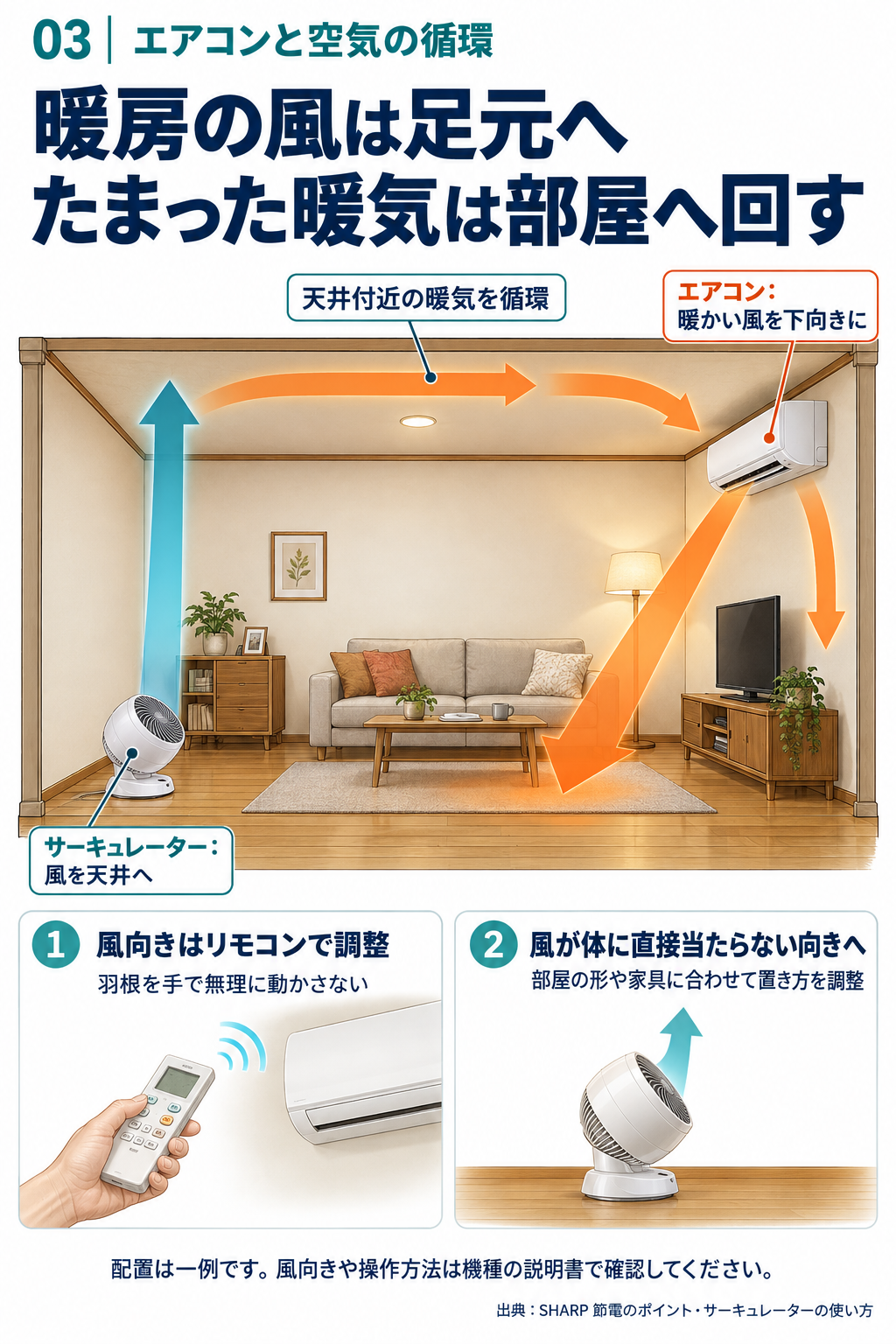 エアコンの暖かい風は下向きに、サーキュレーターの風は天井向きにして空気を循環させる配置例。風向きはリモコンで調整します。