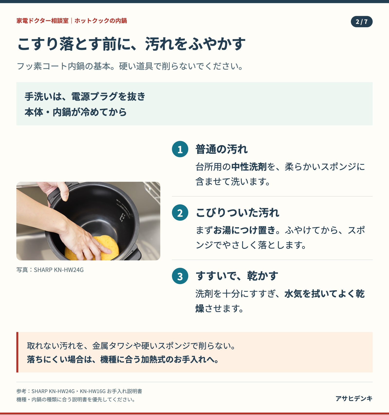 図2：こびりつきはお湯でふやかし、柔らかいスポンジで洗う