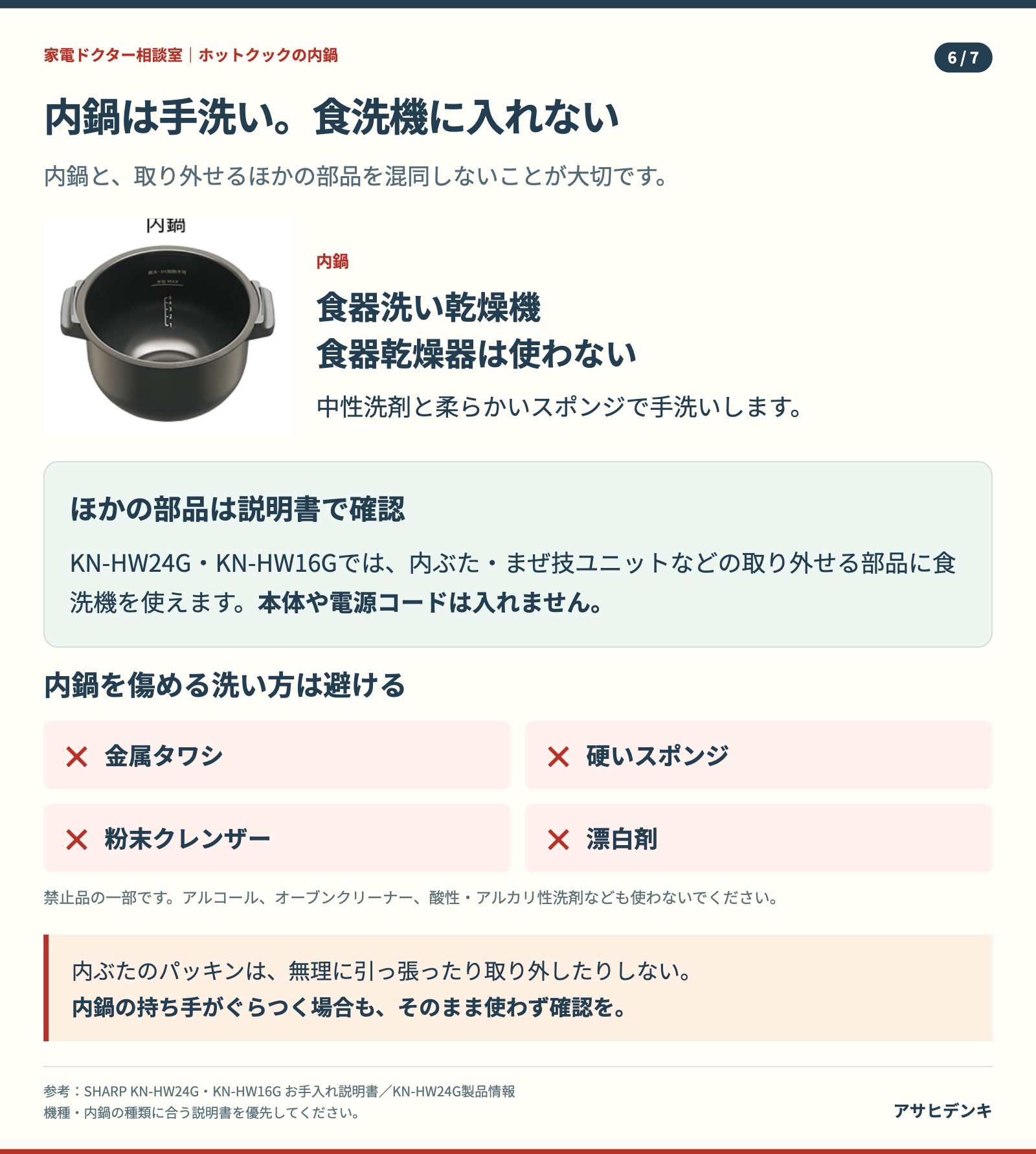 図6：内鍋は食洗機不可。金属タワシや硬いスポンジは使わない