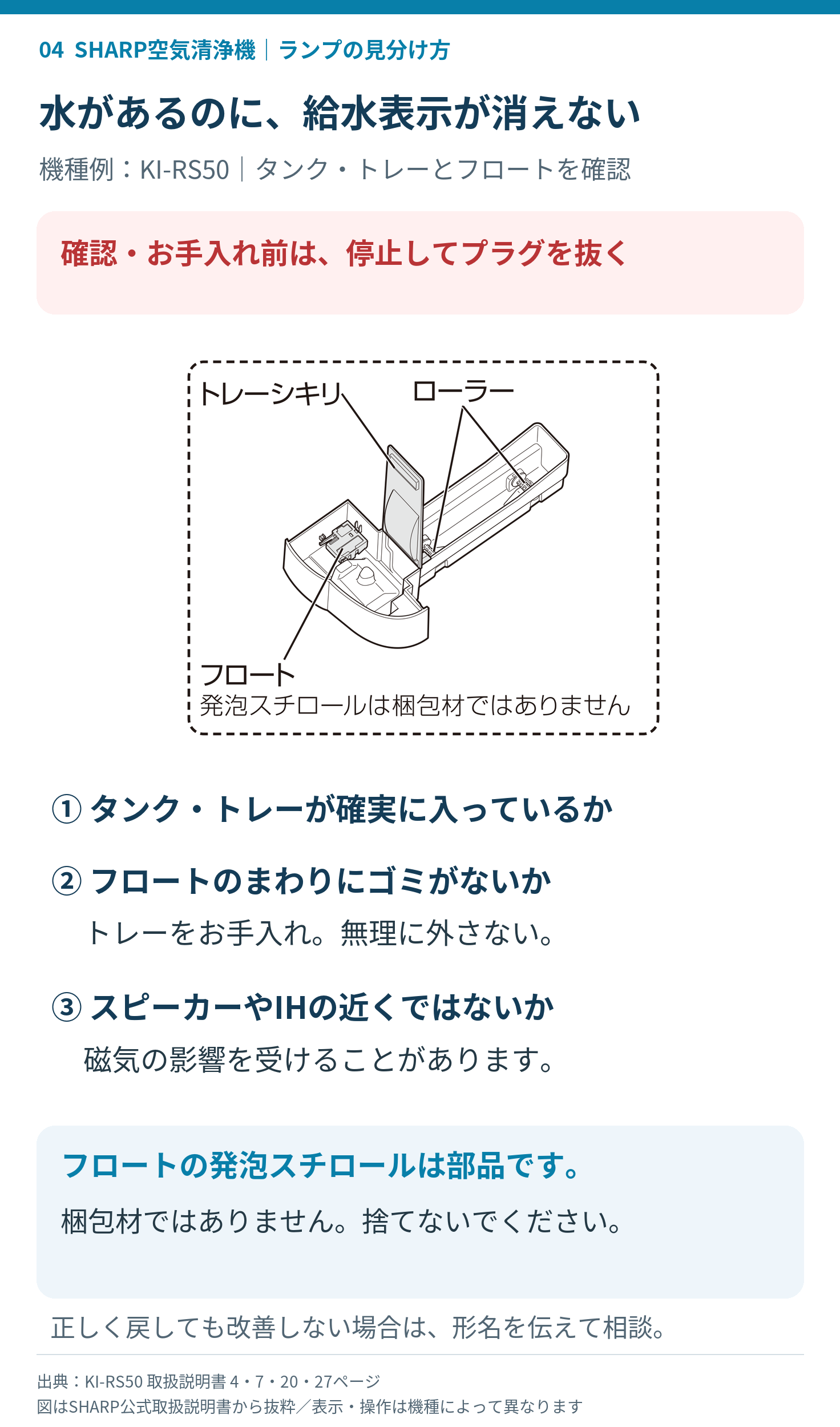 水があるのに給水表示が消えないときのタンク・トレー・フロートの確認