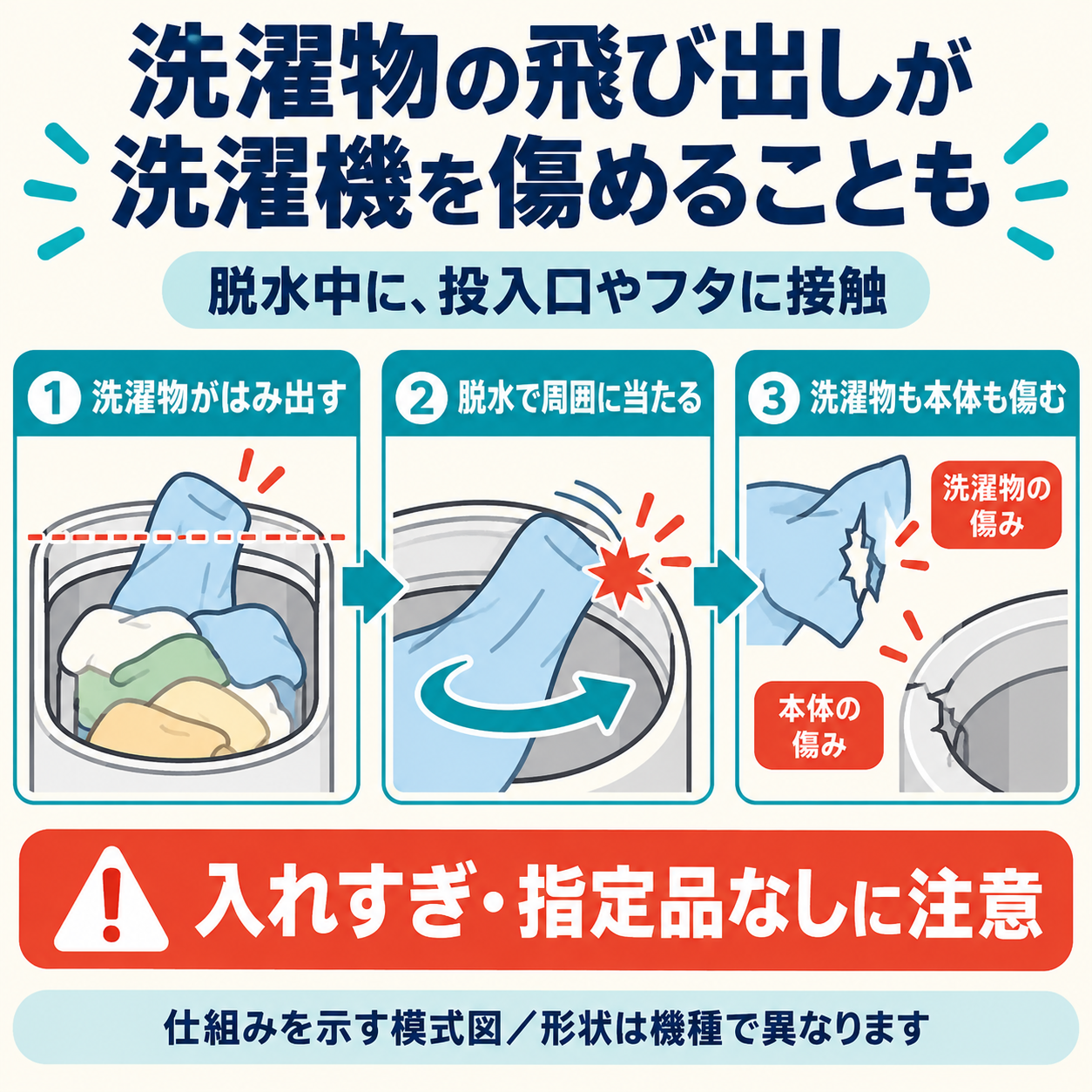 洗濯物が槽の上からはみ出し、脱水中に投入口やフタへ接触すると、洗濯物や洗濯機を傷めることがある模式図。
