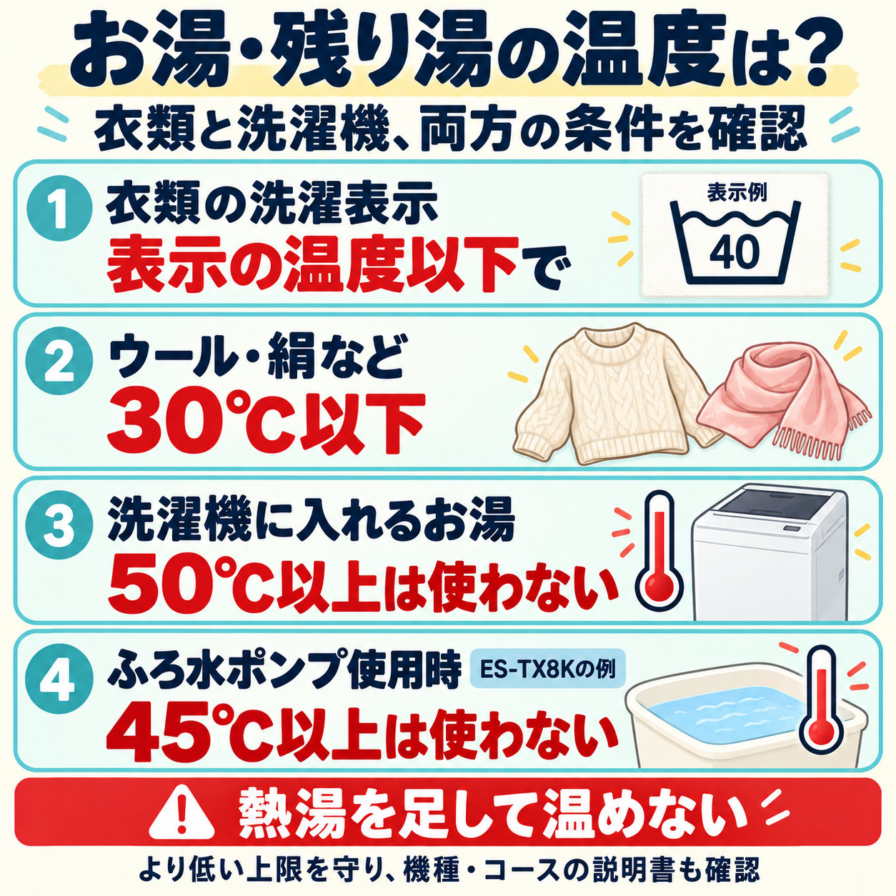 衣類の表示温度以下、ウール・絹などは30℃以下、洗濯機へ入れるお湯は50℃以上不可。ES-TX8Kのふろ水ポンプは45℃以上不可。条件の低い上限を守り説明書を確認する。