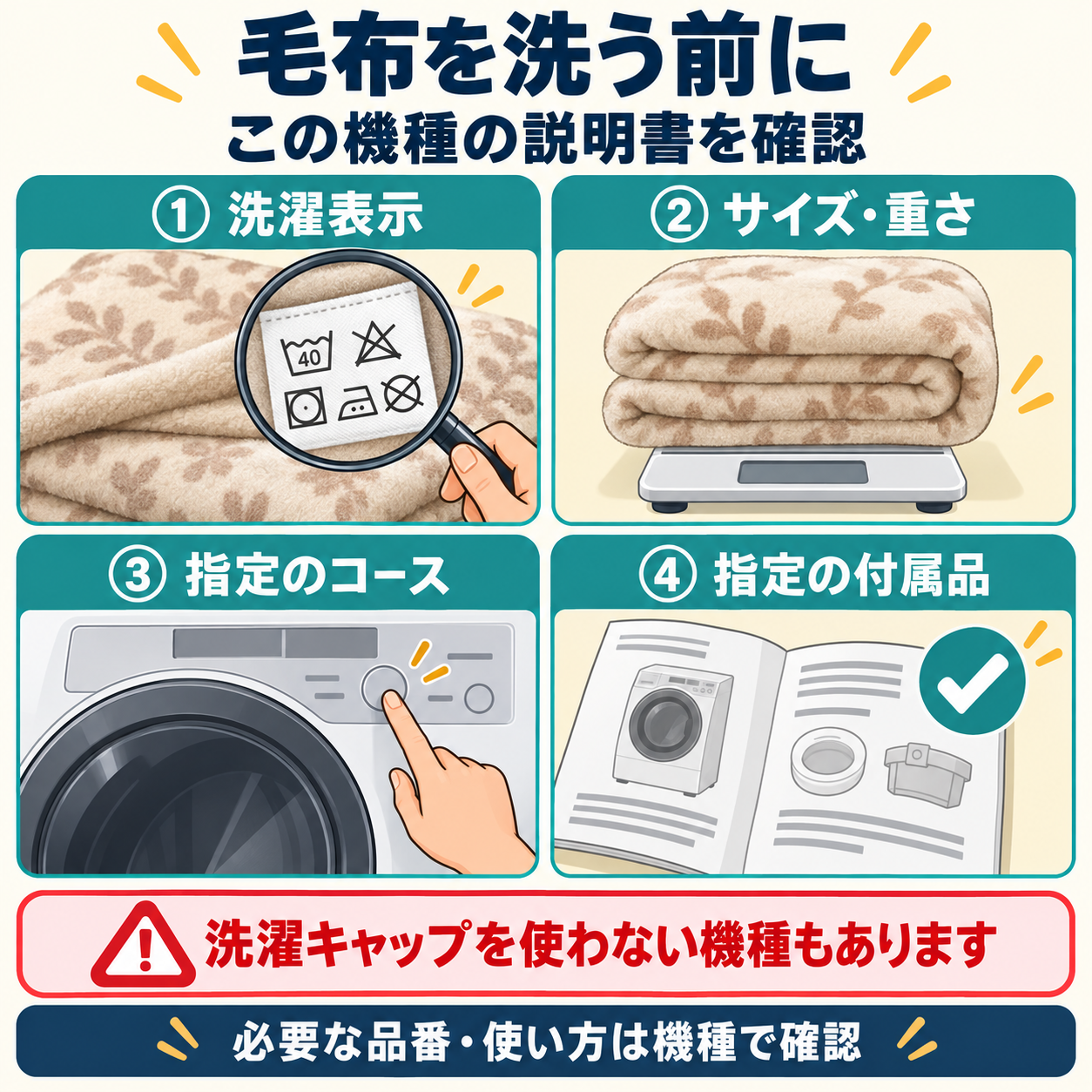毛布を洗う前に洗濯表示、サイズと重さ、指定のコース、機種に指定された付属品を説明書で確認。洗濯キャップを使わない機種もある。