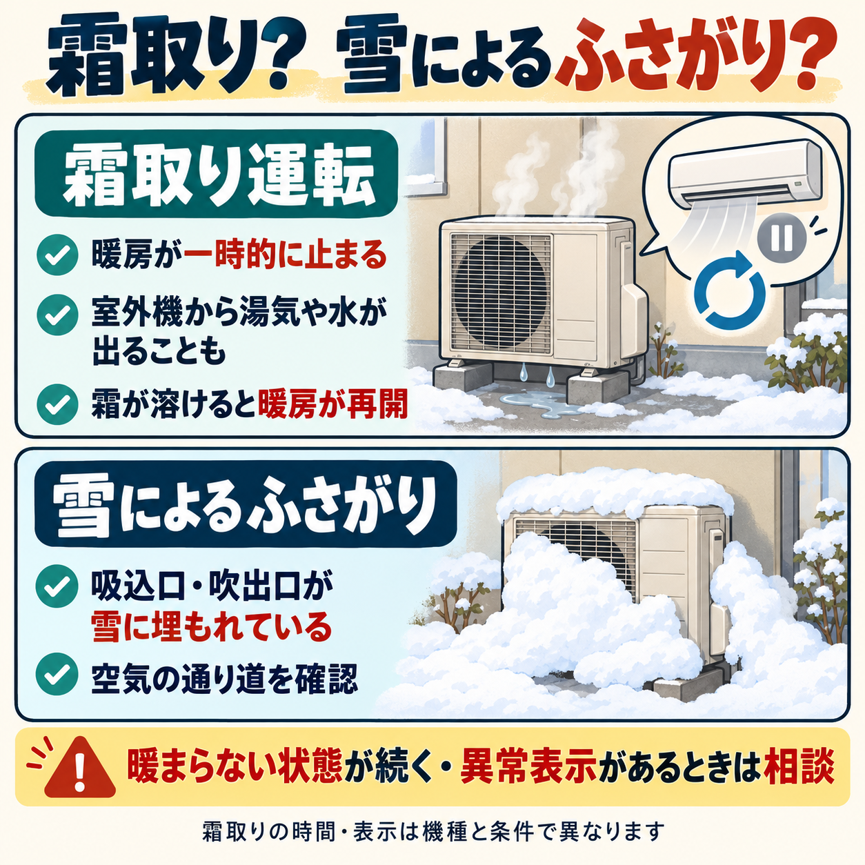 霜取り運転では暖房が一時停止して室外機から湯気や水が出ることがあり、霜が溶けると再開する。雪によるふさがりでは吸込口と吹出口の空気の通り道を確認する。