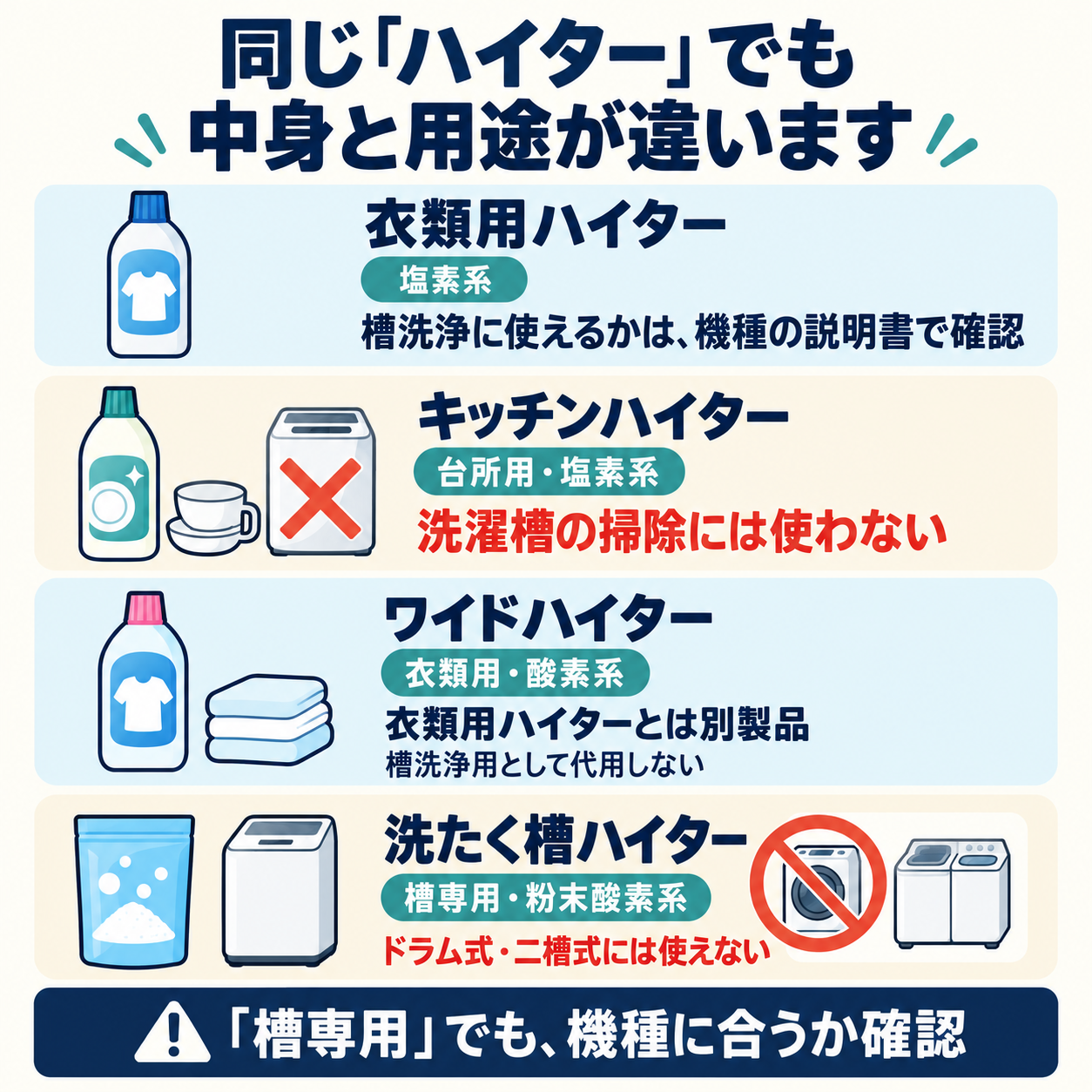 衣類用ハイター、キッチンハイター、ワイドハイター、洗たく槽ハイターは成分と用途が異なる。台所用を槽掃除に使わず、粉末酸素系の洗たく槽ハイターはドラム式と二槽式に使えない。