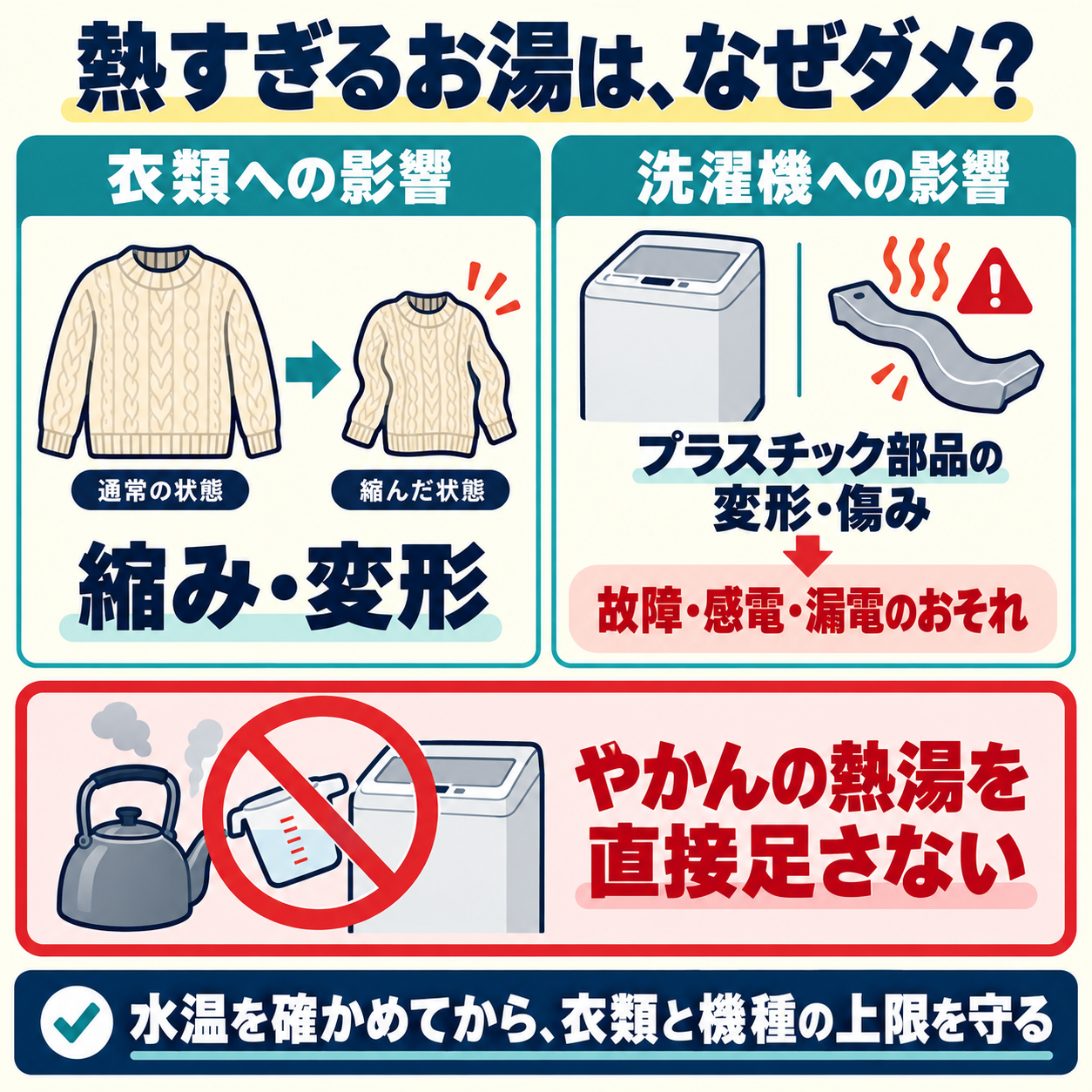 熱すぎるお湯は衣類の縮みや変形、洗濯機のプラスチック部品の変形や傷みによる故障・感電・漏電のおそれがある。やかんの熱湯を直接足さず水温と上限を確認する。