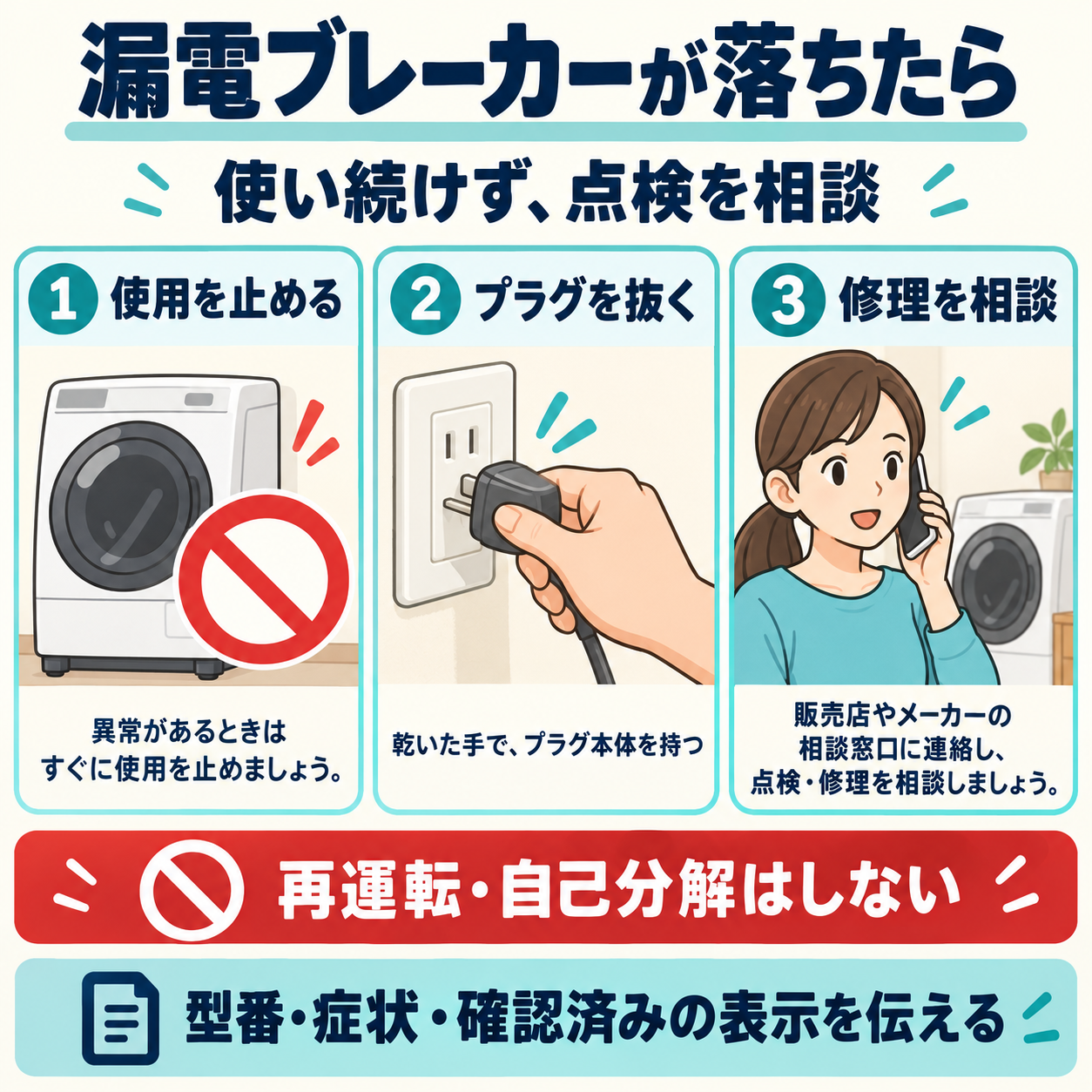 漏電ブレーカーが落ちたら使用を止め、乾いた手で電源プラグ本体を持って抜き、修理を相談。再運転や自己分解はしない。