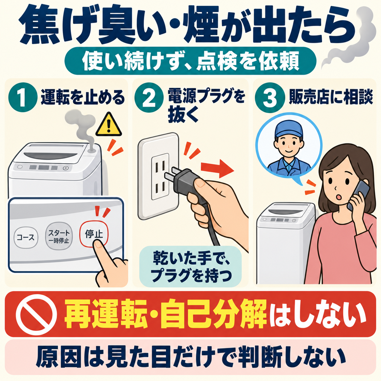 焦げたにおいや煙などの異常時は運転を止め、乾いた手で電源プラグ本体を持って抜き、販売店に点検を相談する。再運転と自己分解をしない。
