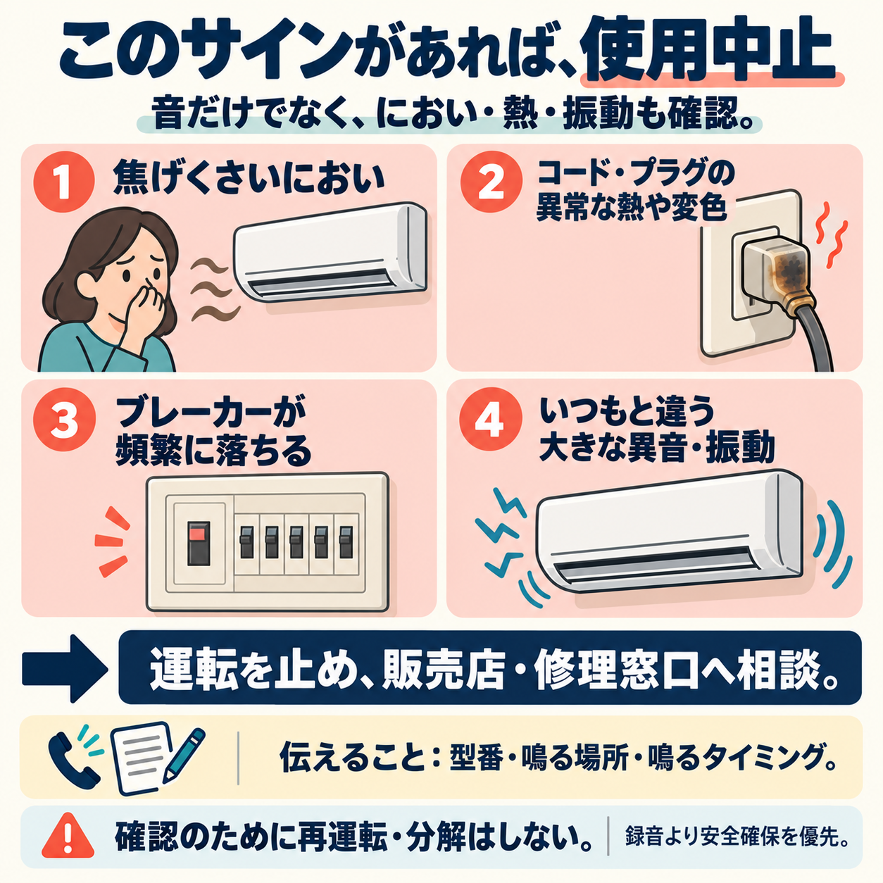 焦げくさいにおい、コードやプラグの異常な熱・変色、頻繁に落ちるブレーカー、いつもと違う大きな異音・振動があれば使用中止。販売店や修理窓口へ型番・鳴る場所・タイミングを伝え、確認のための再運転や分解はしません。