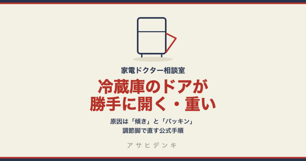 冷蔵庫のドアが勝手に開く・半ドアになる・重い・片方だけ開く｜原因は「傾き」と「パッキン」。調節脚で直す公式手順（シャープ）